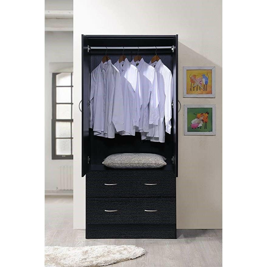 Black 2 Door Wardrobe Armoire with 2 Drawers and Hanging Rod Storage - FurniFindUSA