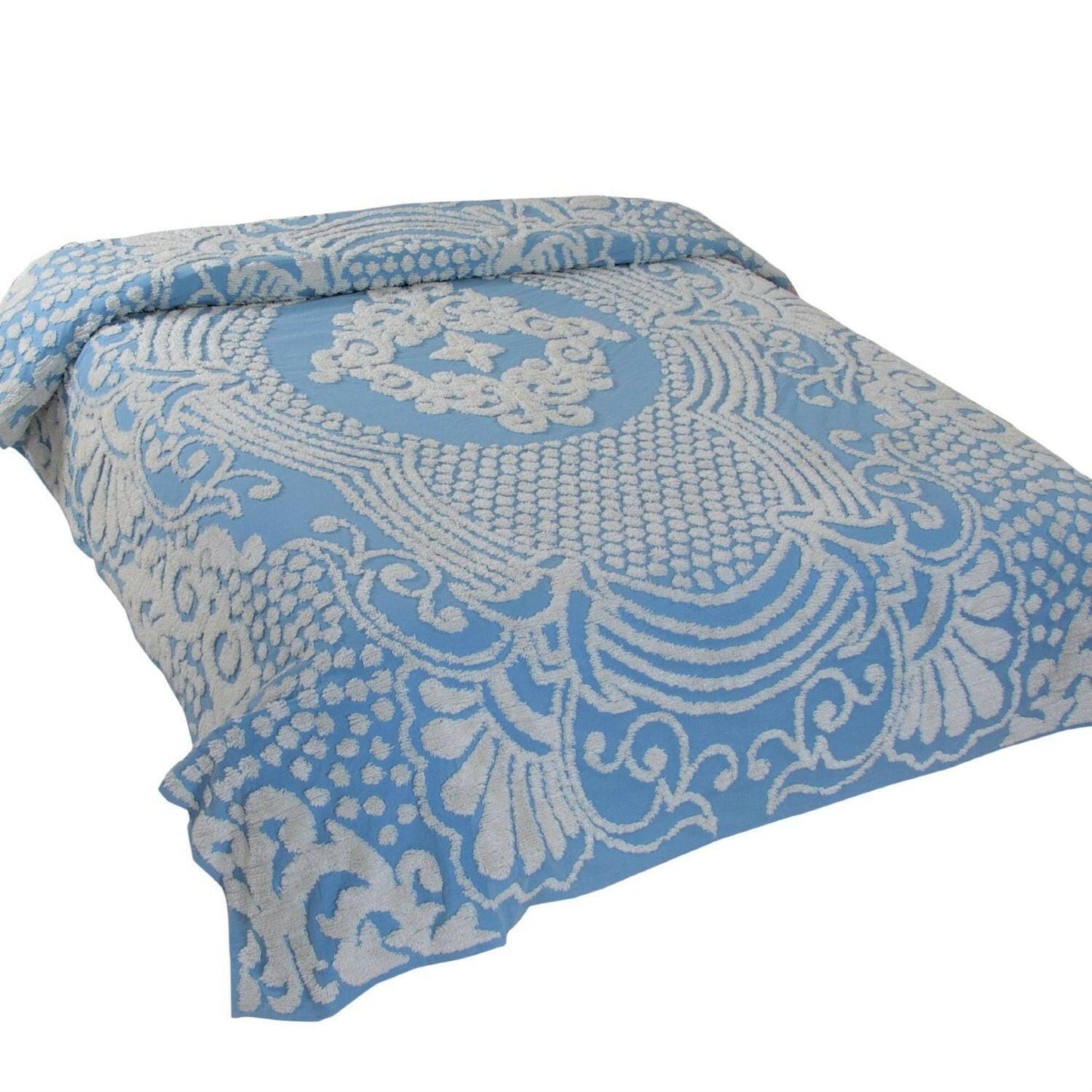 Queen size 100% Cotton Tufted Chenille Bedspread with Blue Damask Medallion - FurniFindUSA