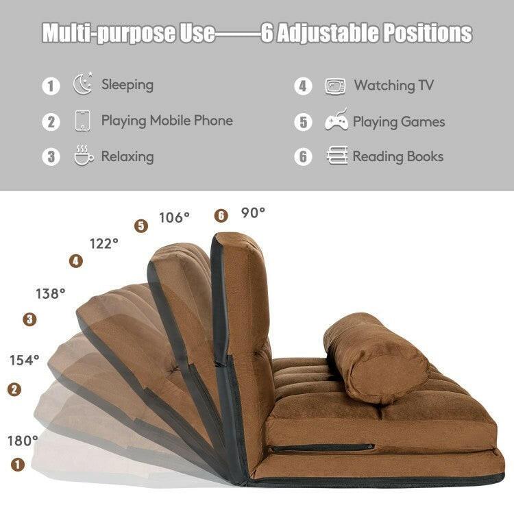 Faux Suede 5 Tilt Foldable Floor Sofa Bed with Detachable Cloth Cover in Brown - FurniFindUSA