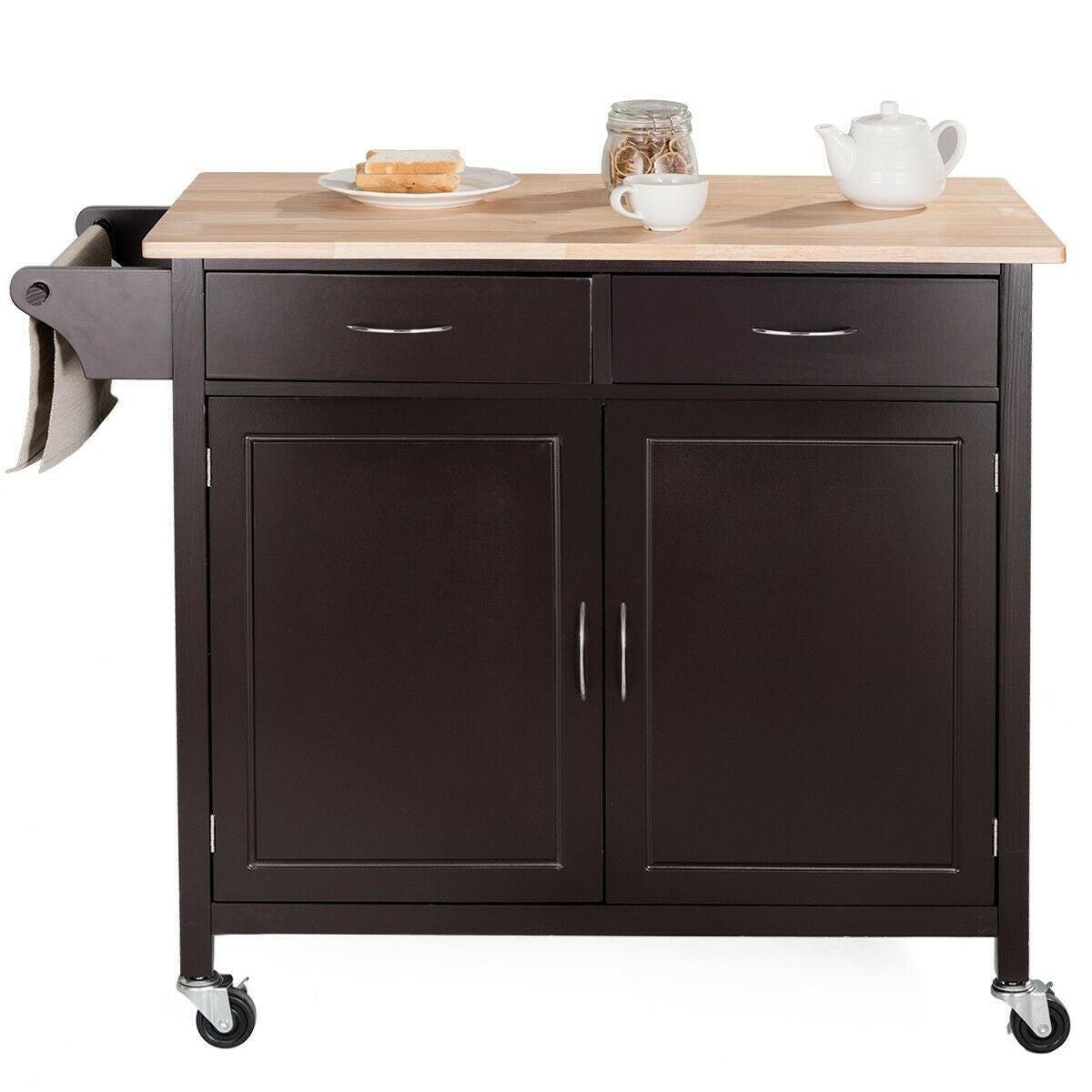 Brown Kitchen Island Storage Cart with Wood Top and Casters - FurniFindUSA