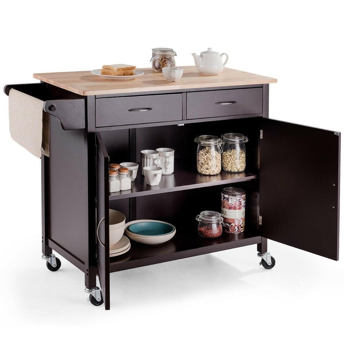 Brown Kitchen Island Storage Cart with Wood Top and Casters - FurniFindUSA