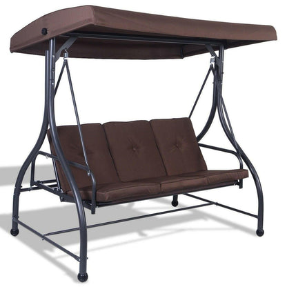 Brown Adjustable 3 Seat Cushioned Porch Patio Canopy Swing Chair - FurniFindUSA