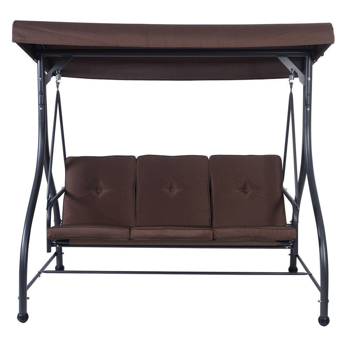 Brown Adjustable 3 Seat Cushioned Porch Patio Canopy Swing Chair - FurniFindUSA