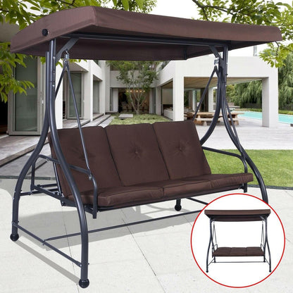 Brown Adjustable 3 Seat Cushioned Porch Patio Canopy Swing Chair - FurniFindUSA