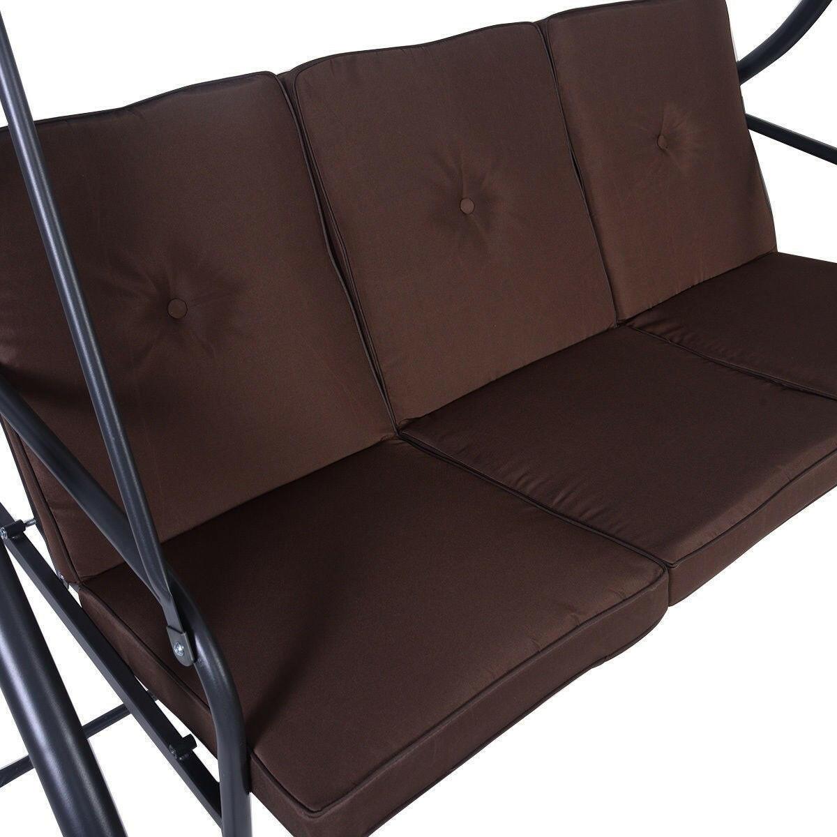 Brown Adjustable 3 Seat Cushioned Porch Patio Canopy Swing Chair - FurniFindUSA