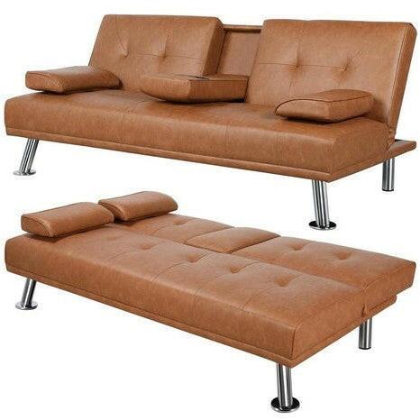 Brown Modern Faux Leather Cup Holders Convertible Sofa Bed Futon Sleeper - FurniFindUSA