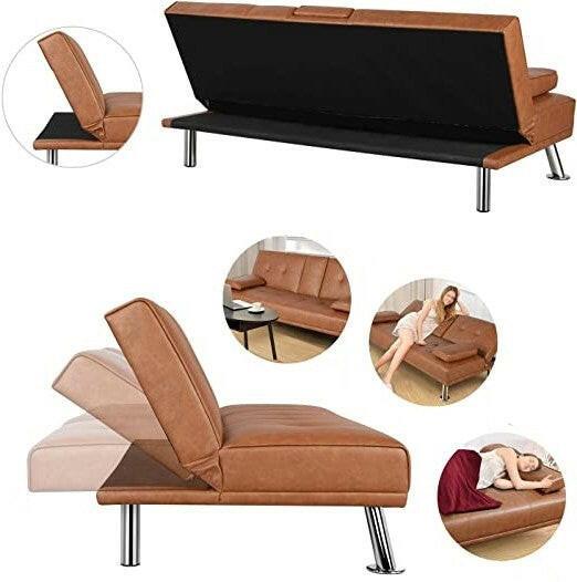 Brown Modern Faux Leather Cup Holders Convertible Sofa Bed Futon Sleeper - FurniFindUSA