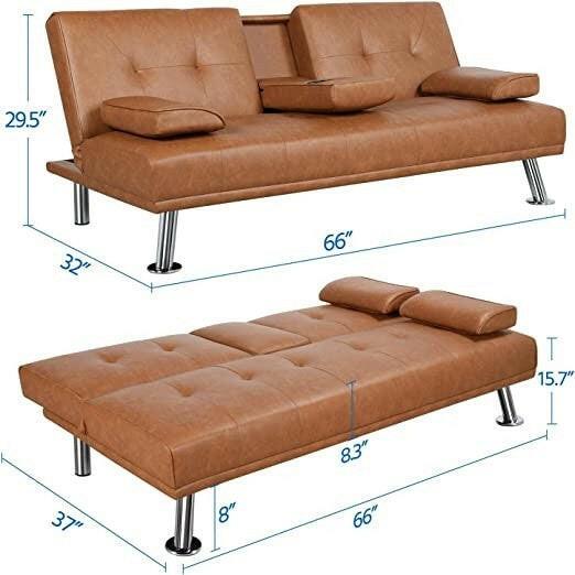 Brown Modern Faux Leather Cup Holders Convertible Sofa Bed Futon Sleeper - FurniFindUSA