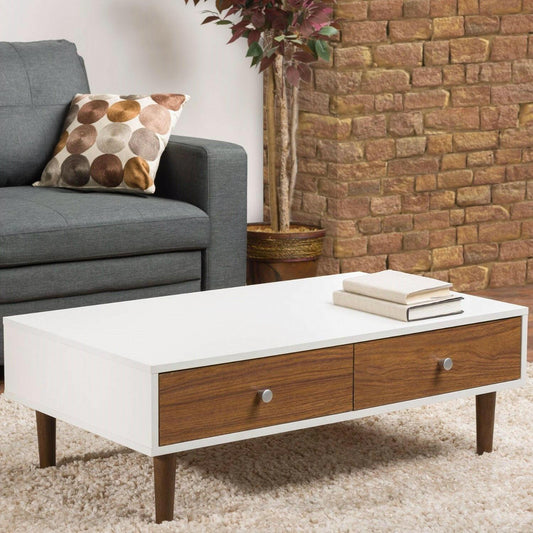 Modern Mid-Century Style White Wood Coffee Table with 2 Drawers - FurniFindUSA
