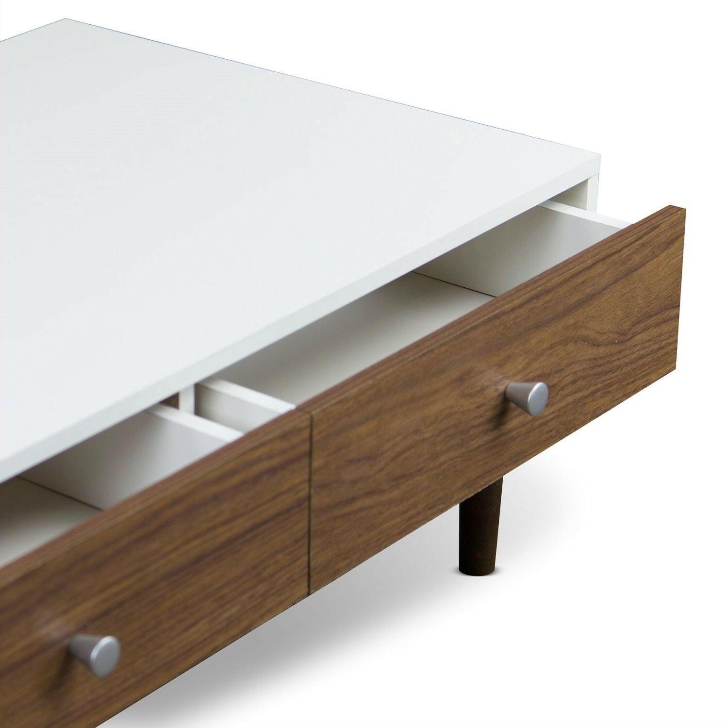 Modern Mid-Century Style White Wood Coffee Table with 2 Drawers - FurniFindUSA