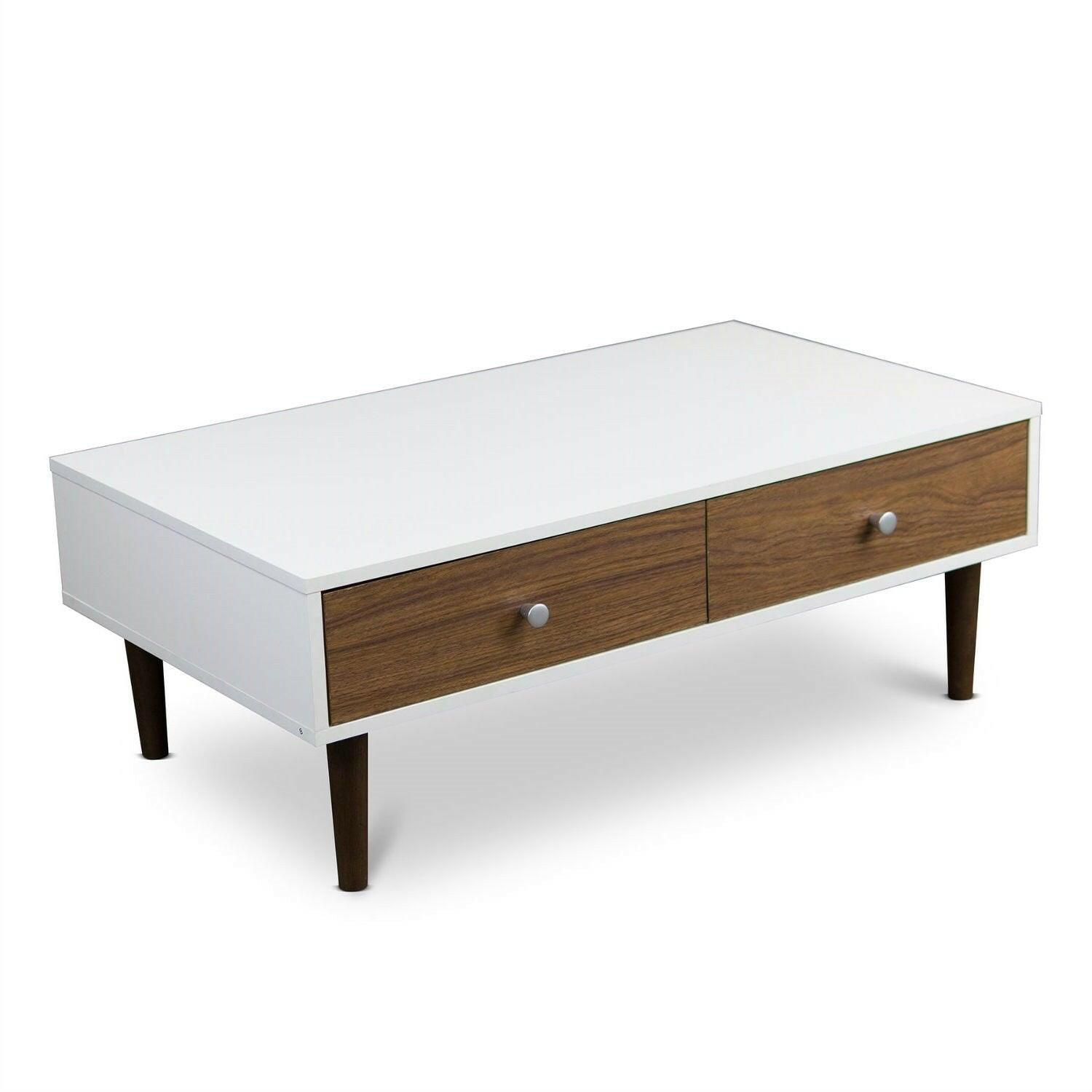 Modern Mid-Century Style White Wood Coffee Table with 2 Drawers - FurniFindUSA