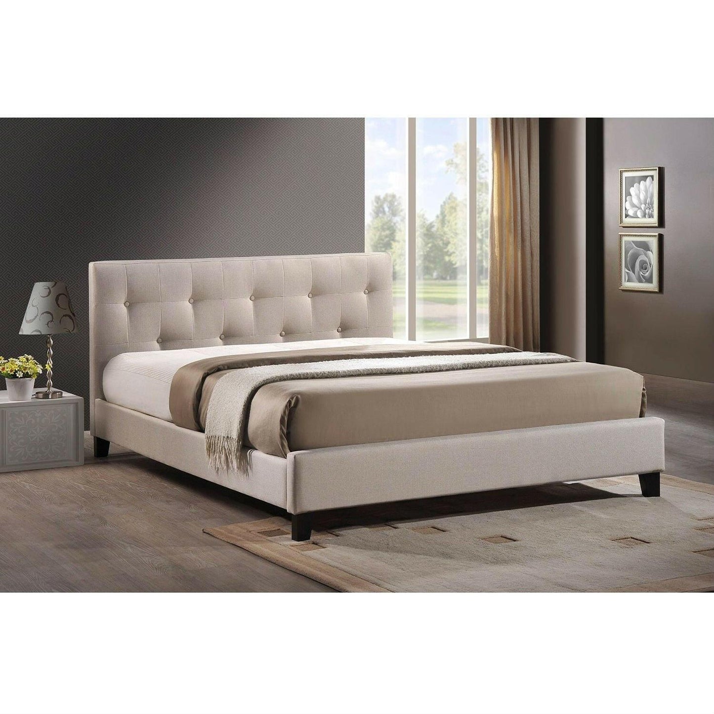 Full size Modern Platform Bed with Beige Fabric Upholstered Headboard - FurniFindUSA