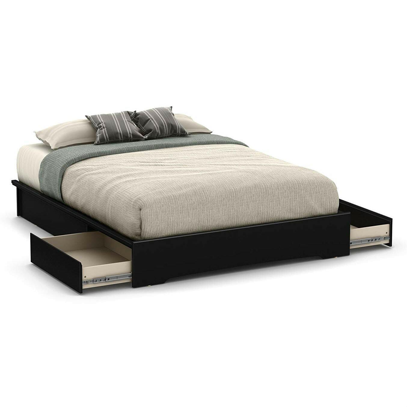 Queen Platform Bed Frame with 2 Storage Drawers in Black Wood Finish - FurniFindUSA