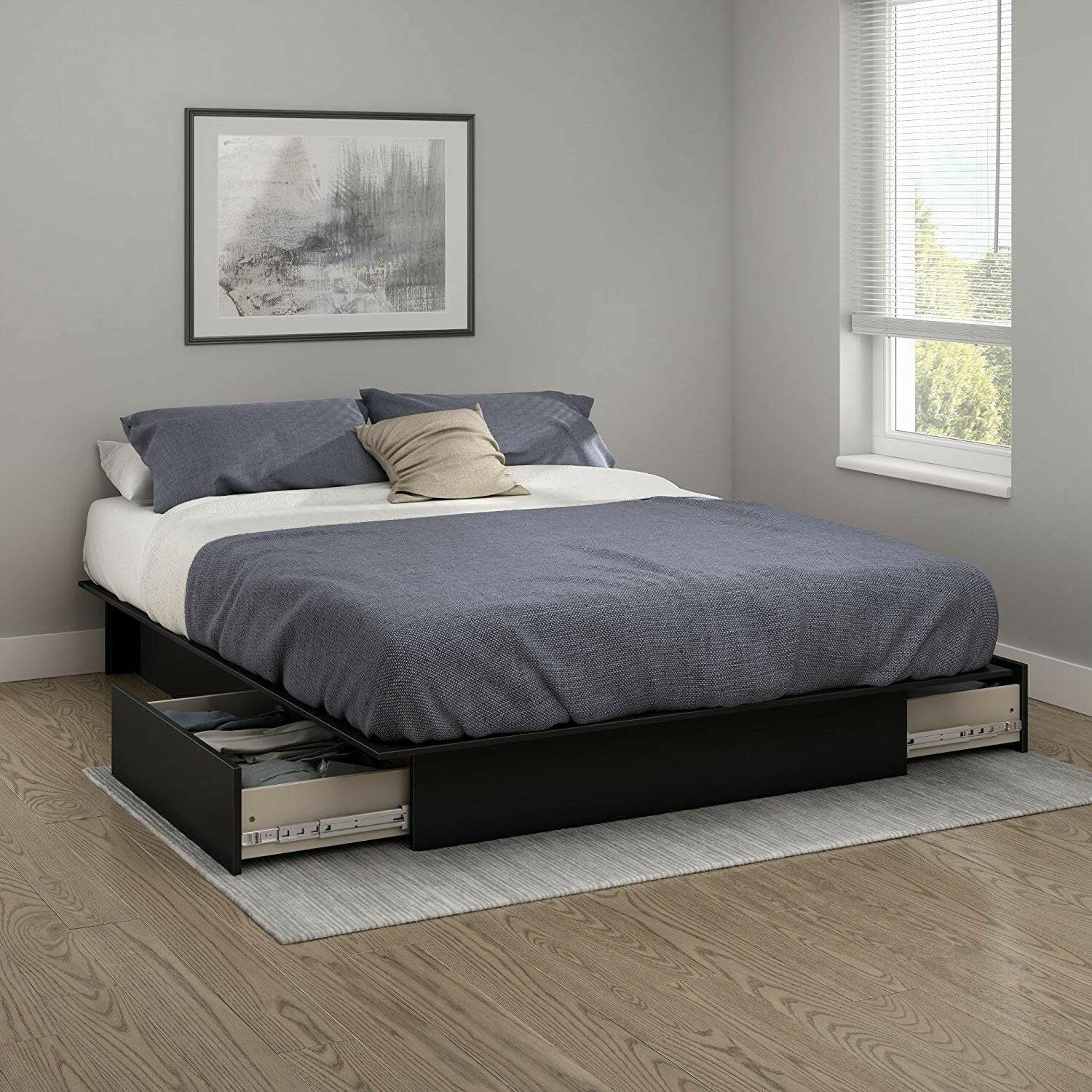 Queen Platform Bed Frame with 2 Storage Drawers in Black Wood Finish - FurniFindUSA