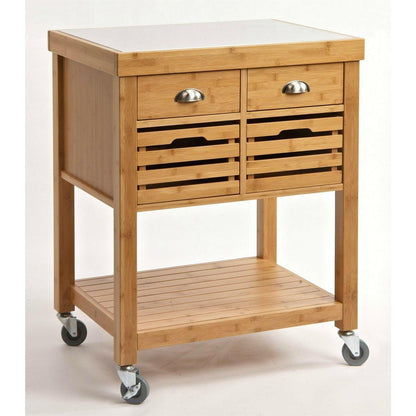 Stainless Steel Top Bamboo Wood Kitchen Cart with Casters - FurniFindUSA