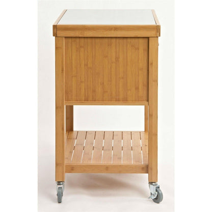 Stainless Steel Top Bamboo Wood Kitchen Cart with Casters - FurniFindUSA