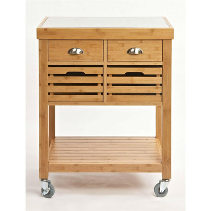 Stainless Steel Top Bamboo Wood Kitchen Cart with Casters - FurniFindUSA