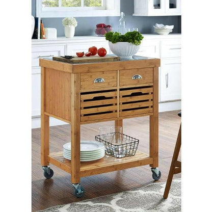 Stainless Steel Top Bamboo Wood Kitchen Cart with Casters - FurniFindUSA
