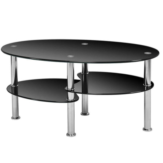 Modern Black Tempered Glass Coffee Table with Bottom Shelf - FurniFindUSA