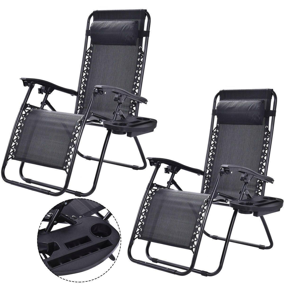 Set of 2 Black Folding Outdoor Zero Gravity Lounge Chair Recliner - FurniFindUSA