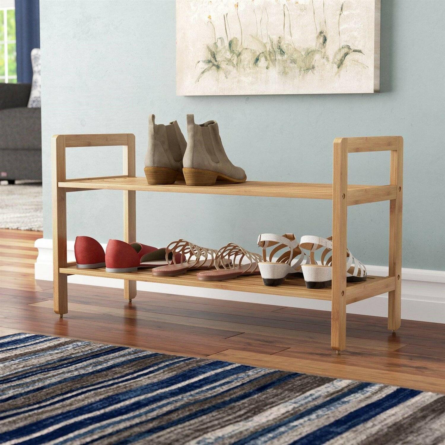 Modern Bamboo 2-Shelf Shoe Rack - Holds up to 8-Pair of Shoes - FurniFindUSA