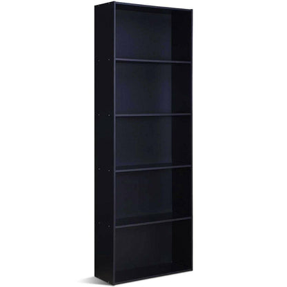 Modern 5-Shelf Bookcase Storage Shelves in Black Wood Finish - FurniFindUSA