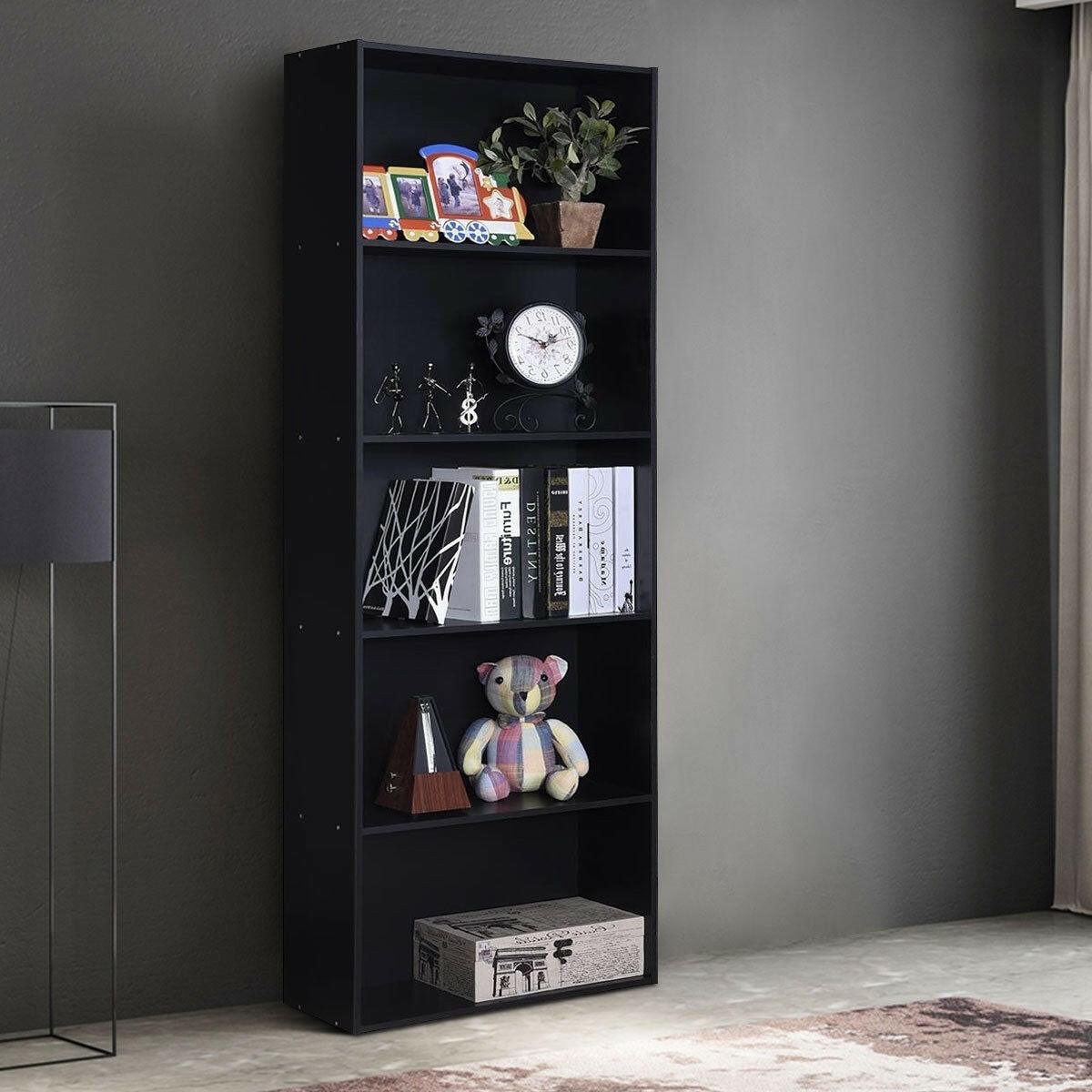 Modern 5-Shelf Bookcase Storage Shelves in Black Wood Finish - FurniFindUSA
