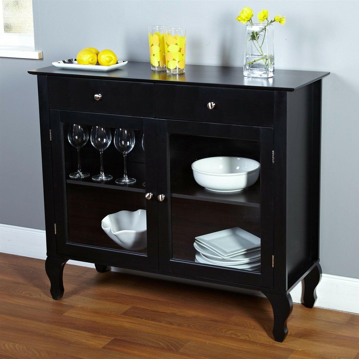 Black Dining Room Buffet Sideboard Server Cabinet with Glass Doors - FurniFindUSA