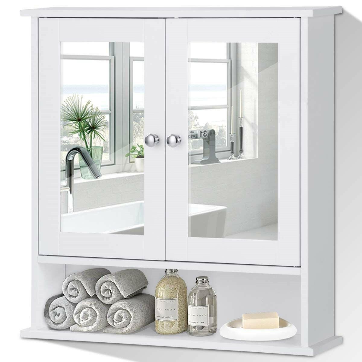 White Bathroom Wall Medicine Cabinet with Mirror and Open Shelf - FurniFindUSA