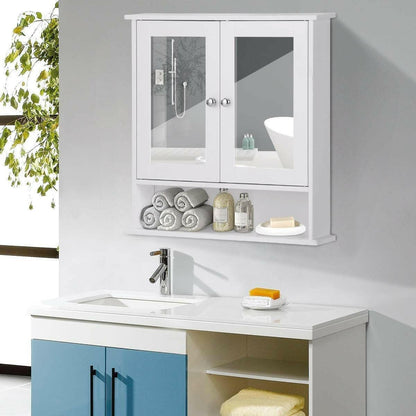 White Bathroom Wall Medicine Cabinet with Mirror and Open Shelf - FurniFindUSA