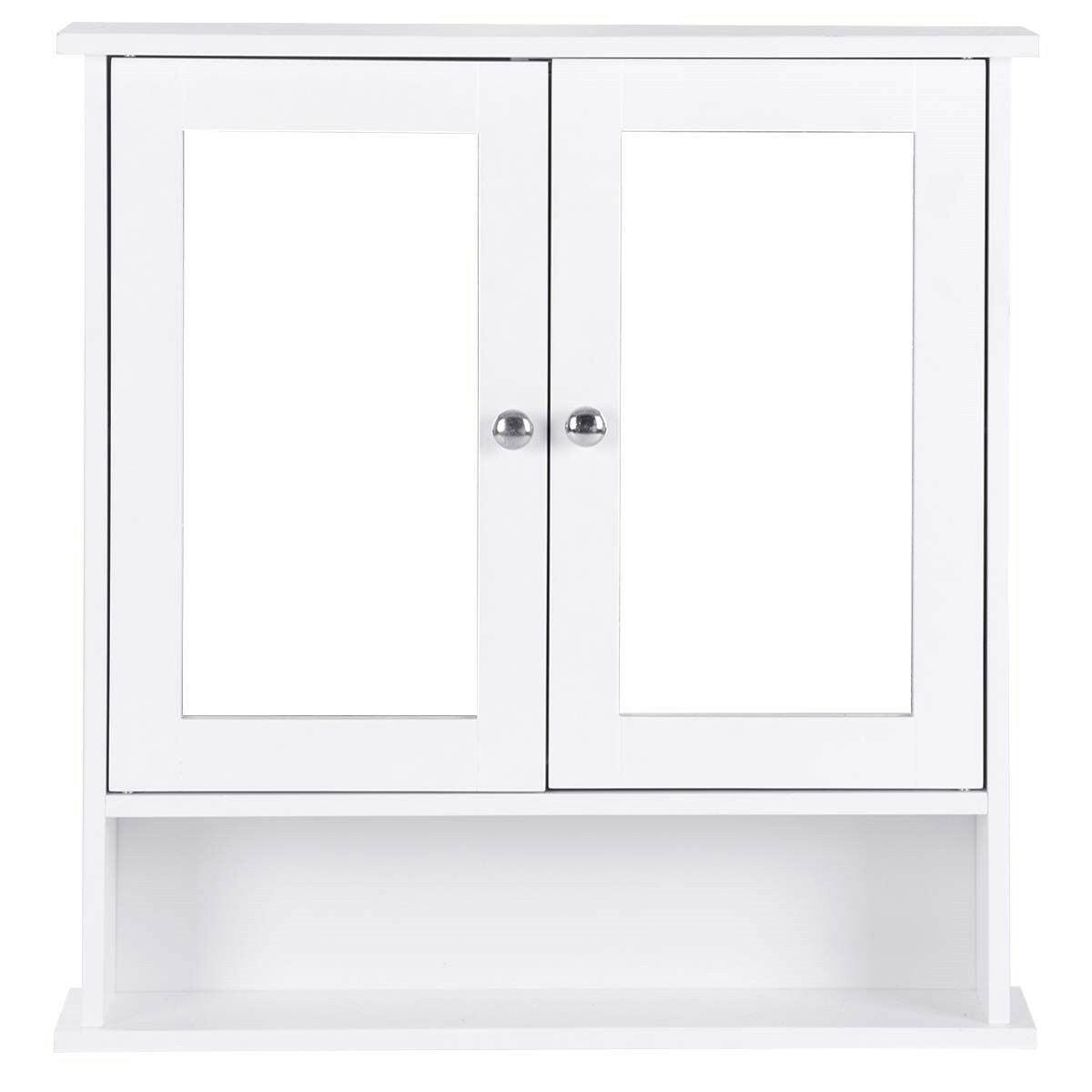 White Bathroom Wall Medicine Cabinet with Mirror and Open Shelf - FurniFindUSA