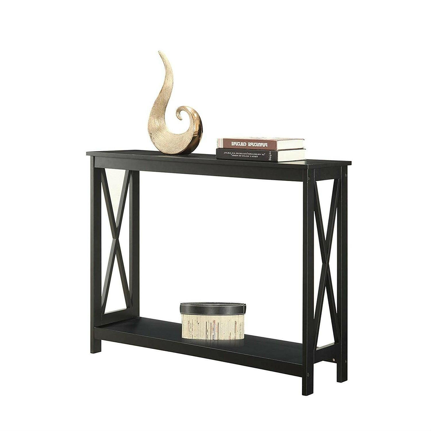 Black Wood Console Sofa Table with Bottom Storage Shelf - FurniFindUSA