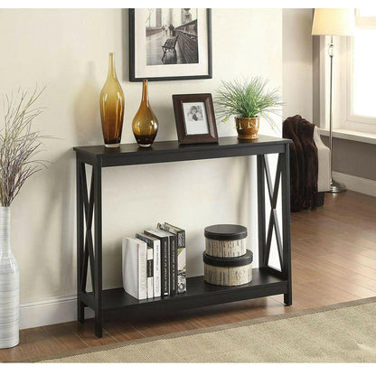 Black Wood Console Sofa Table with Bottom Storage Shelf - FurniFindUSA