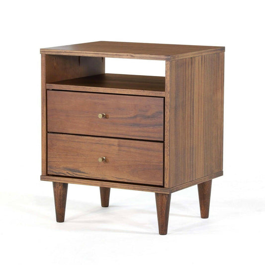 Farmhouse Rustic Walnut Mid Century 2 Drawer Nightstand - FurniFindUSA