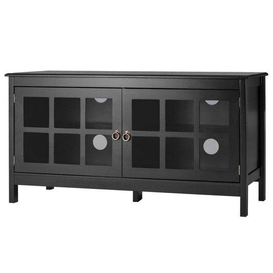 Black Wood TV Stand with Glass Panel Doors for up to 50-inch TV - FurniFindUSA