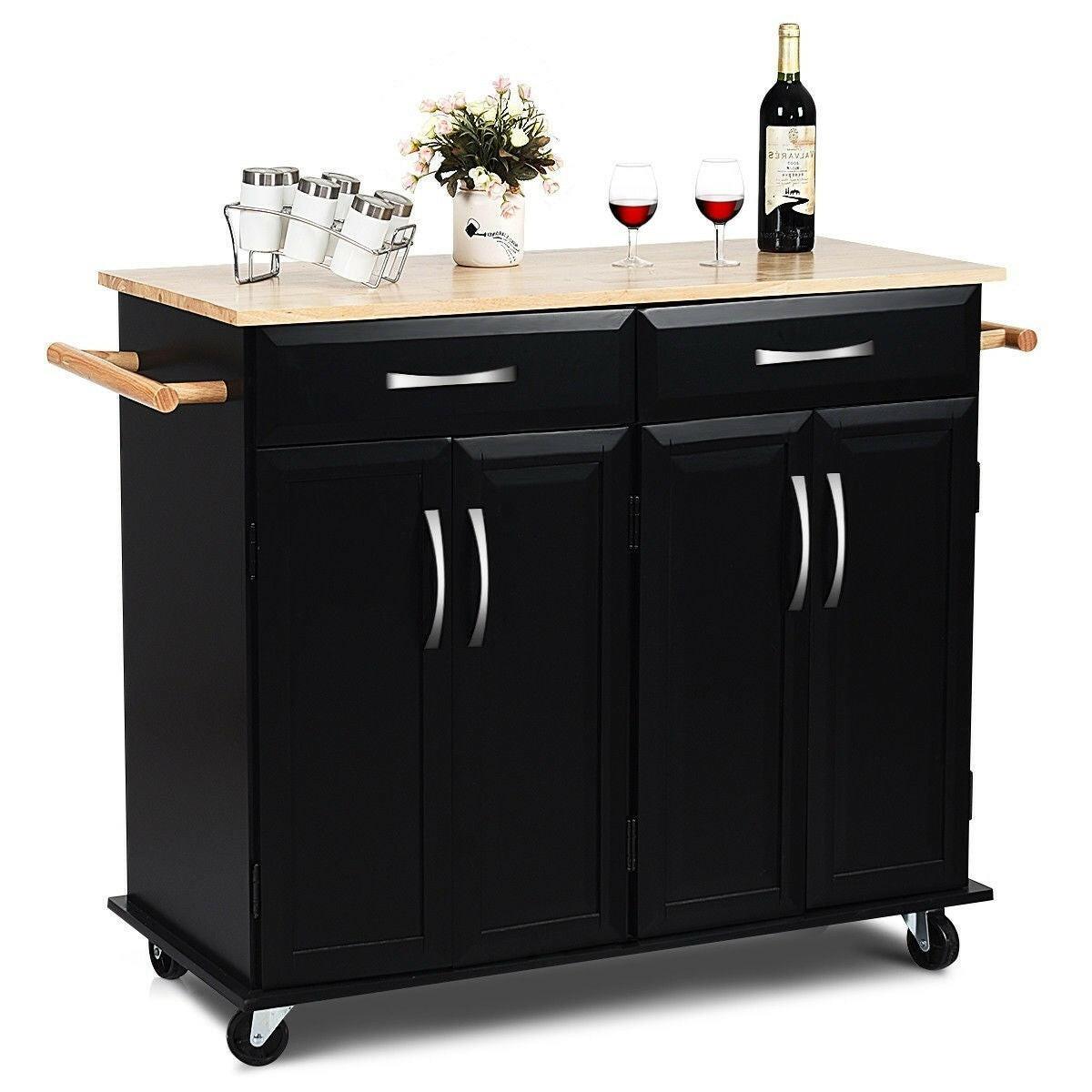 Black Kitchen Island Storage Cabinet Cart with Wood Top and Wheels - FurniFindUSA