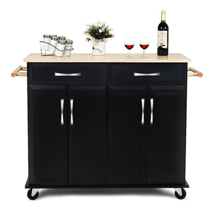 Black Kitchen Island Storage Cabinet Cart with Wood Top and Wheels - FurniFindUSA