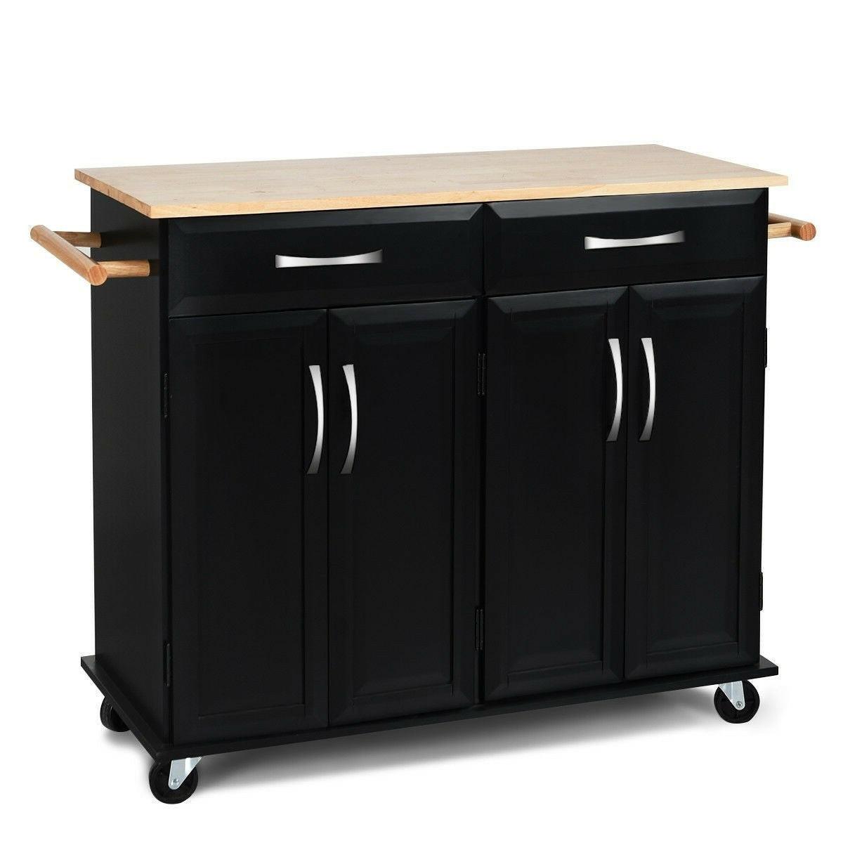 Black Kitchen Island Storage Cabinet Cart with Wood Top and Wheels - FurniFindUSA