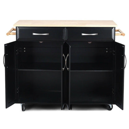 Black Kitchen Island Storage Cabinet Cart with Wood Top and Wheels - FurniFindUSA