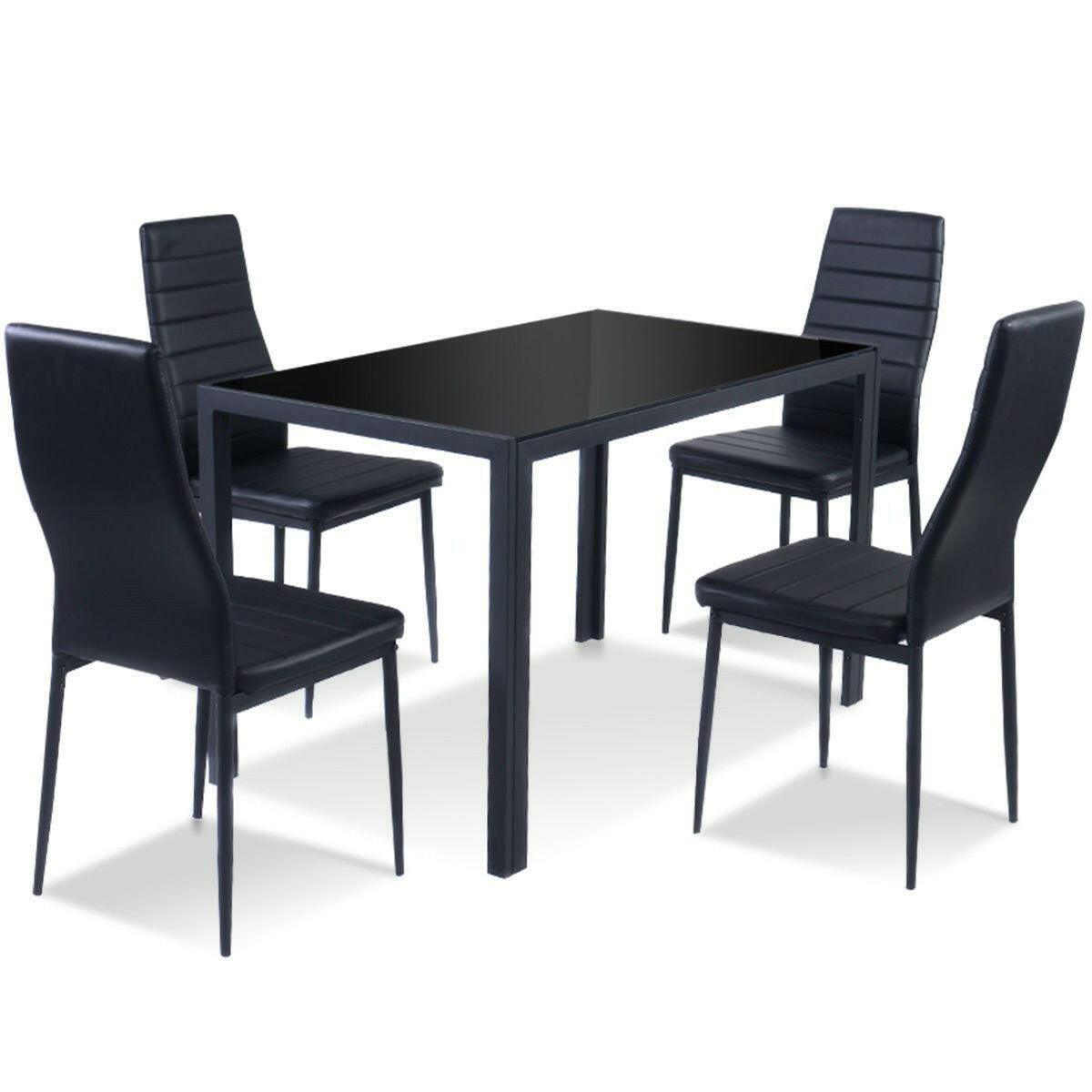 5 Piece Black Glass Tabletop Dining Set With Soft Leather Chairs - FurniFindUSA