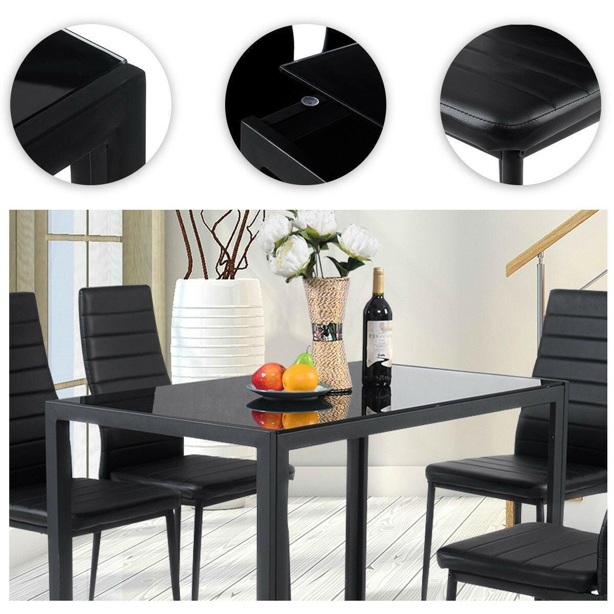 5 Piece Black Glass Tabletop Dining Set With Soft Leather Chairs - FurniFindUSA