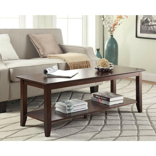 Espresso Wood Grain Coffee Table with Bottom Shelf - FurniFindUSA