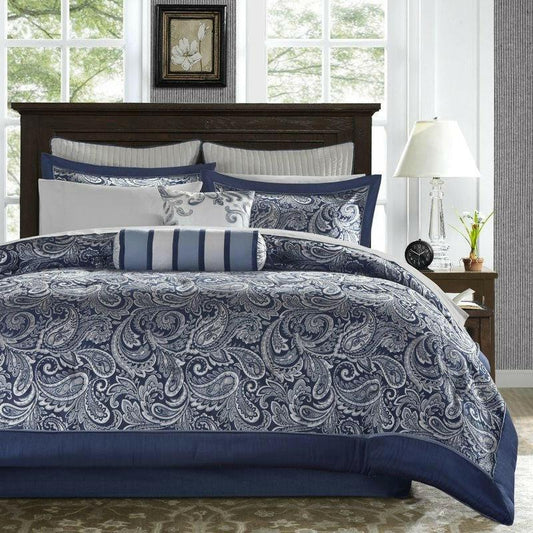 California King 12-piece Reversible Microfiber Comforter Set Navy Blue White - FurniFindUSA