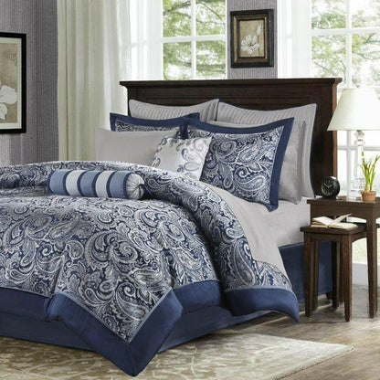 California King 12-piece Reversible Microfiber Comforter Set Navy Blue White - FurniFindUSA