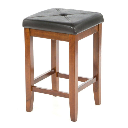 Set of 2 - 24-inch High Cherry Bar Stools w/ Cushion Faux Leather Seat - FurniFindUSA