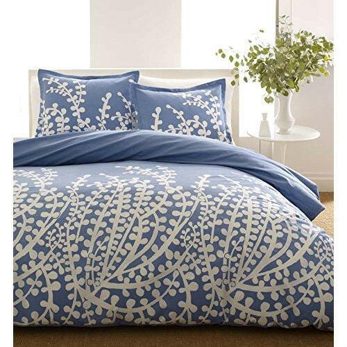 Full / Queen 100-Percent Cotton 3-Piece Comforter Set with Blue White Floral Branch Pattern - FurniFindUSA