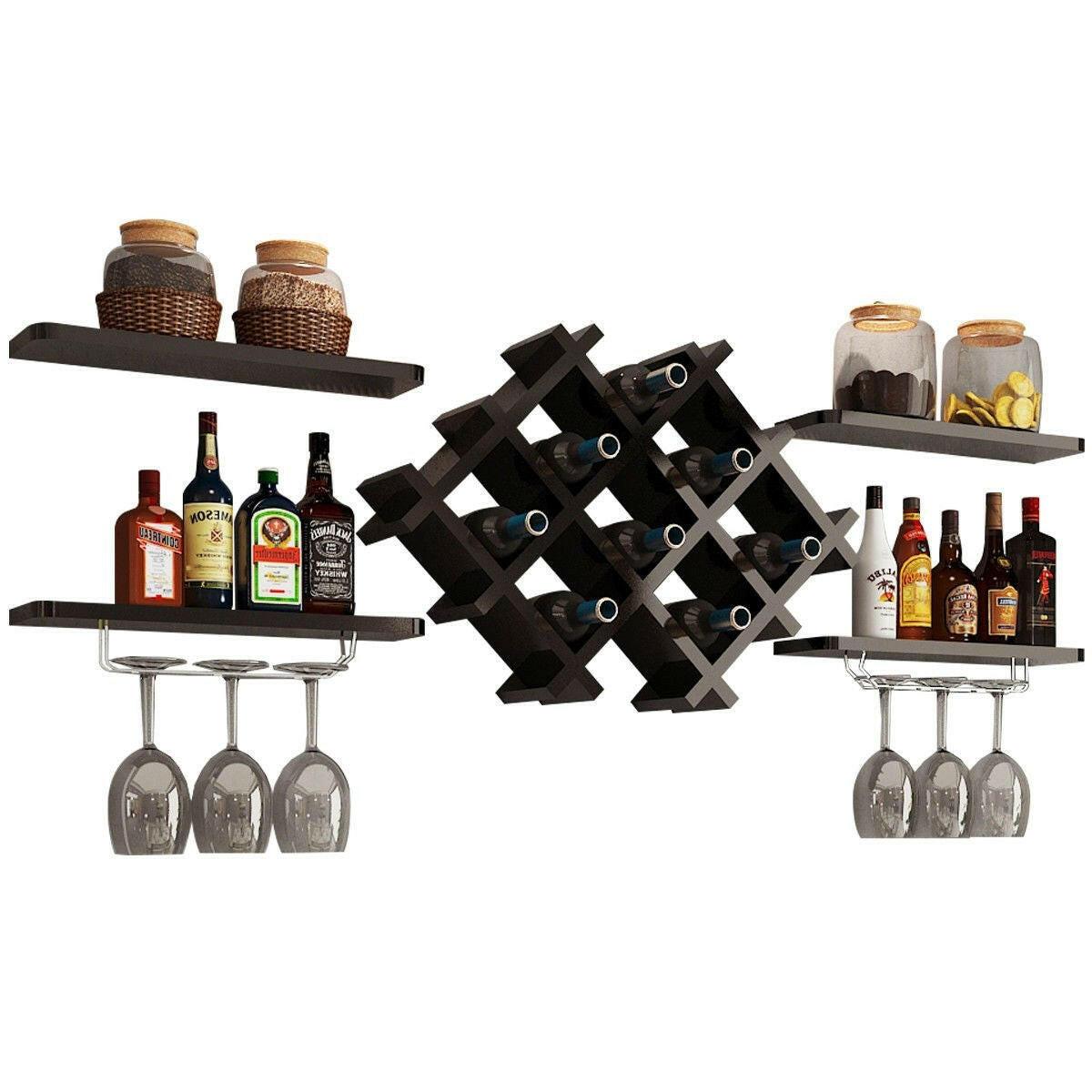 Black 5 Piece Wall Mounted Wine Rack Set with Storage Shelves - FurniFindUSA