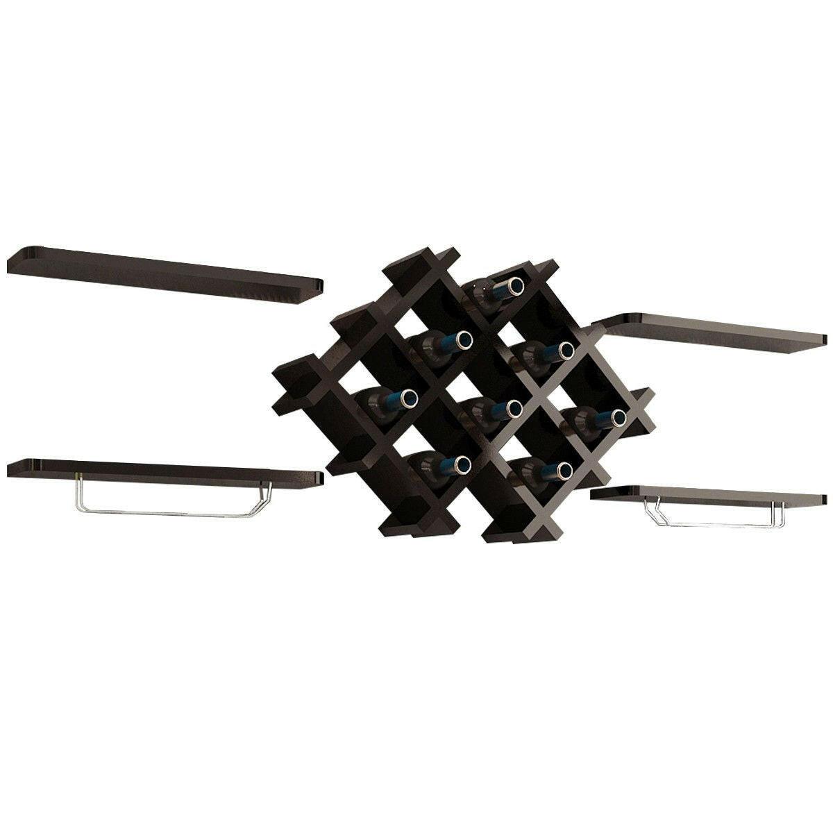 Black 5 Piece Wall Mounted Wine Rack Set with Storage Shelves - FurniFindUSA