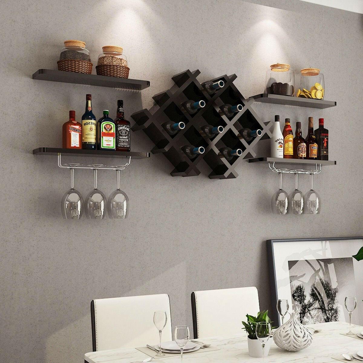 Black 5 Piece Wall Mounted Wine Rack Set with Storage Shelves - FurniFindUSA