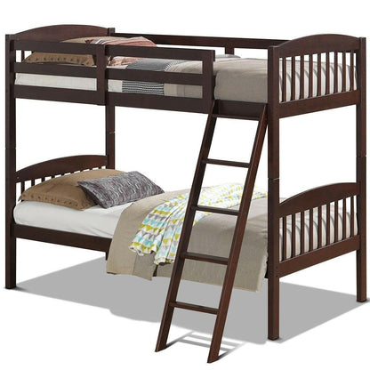 Twin over Twin Wooden Bunk Bed with Ladder in Dark Brown Finish - FurniFindUSA